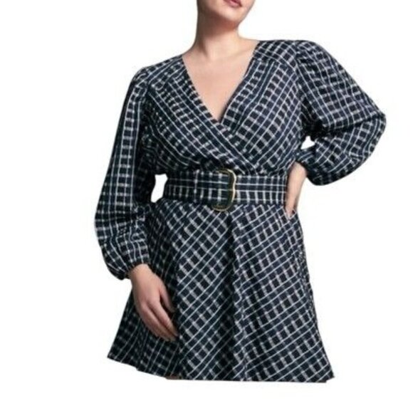 Tanya Taylor Nicola Puff-Sleeve Belted Check Mini Dress Maritime Blue - Picture 1 of 15